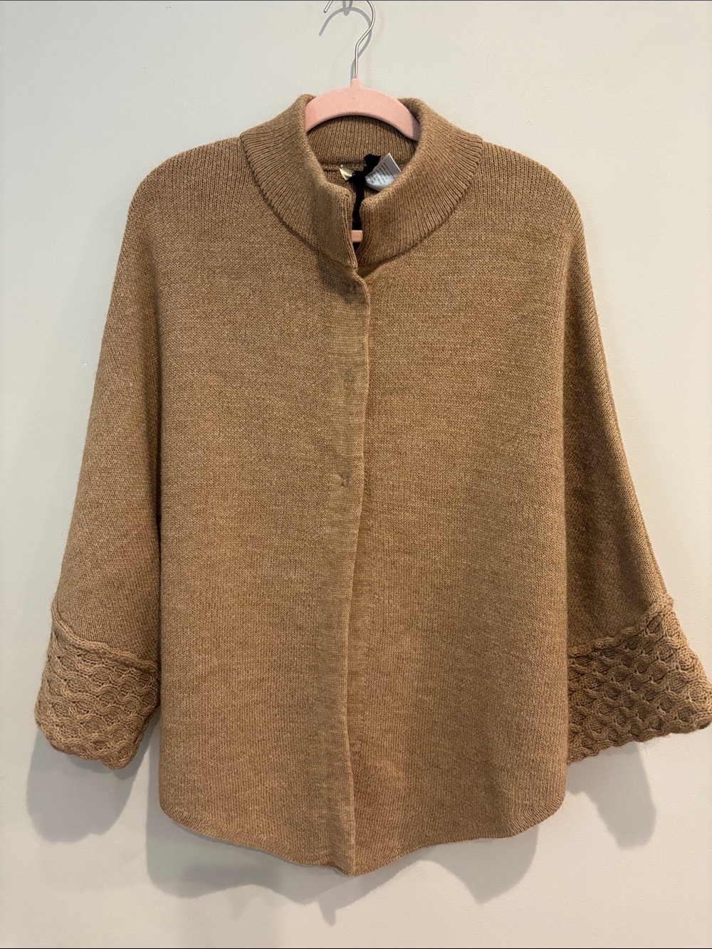 NWT Cocogio Italy Wool Alpaca Blend Button-Up Cardigan Poncho Sweater Tan OS